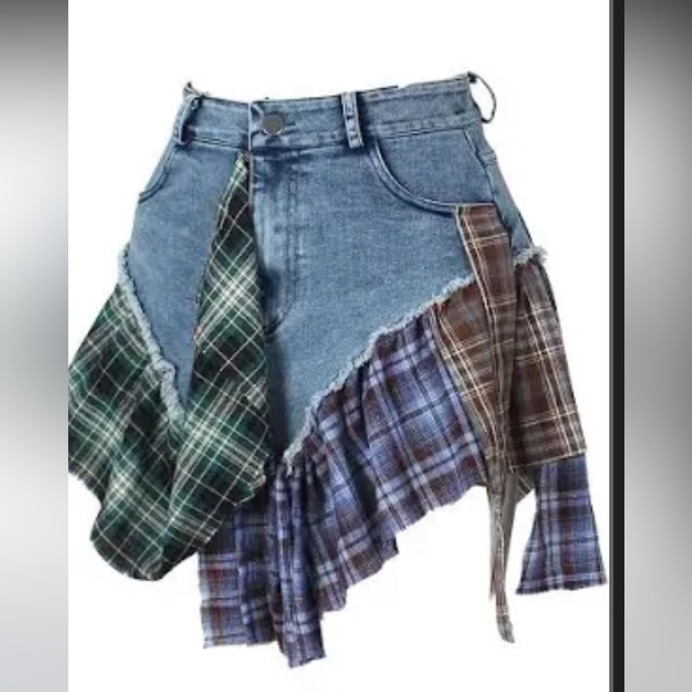 Plaid Patchwork Denim Shorts